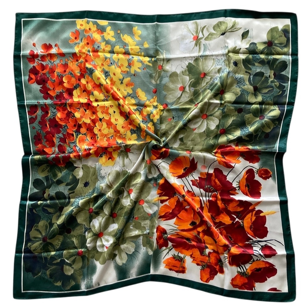 Oversized Satin Floral Square Scarf Green Border Hair Neck Wrap Boho Cottagecore
